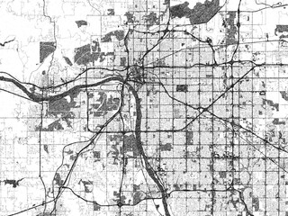 Naklejka premium Minimalist map of Tulsa, Oklahoma, illustrated in black and white with a bold street grid and shaded parks.