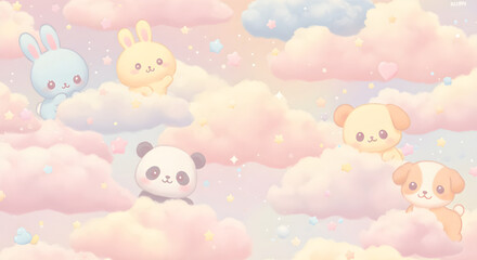 Adorable kawaii animals playing on fluffy pastel clouds with twinkling stars
