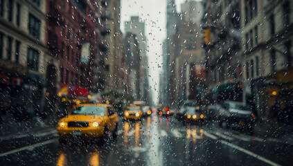 Rainy new york city street with yellow taxi cabs and reflections on wet pavement