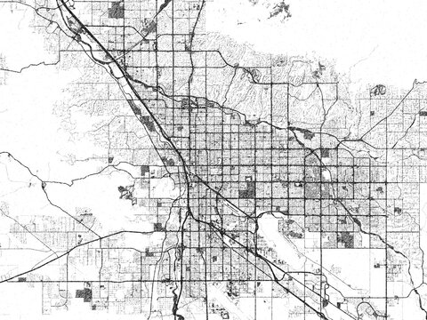 Minimalist map of Tucson, Arizona, illustrated in black and white with a bold street grid and shaded parks.