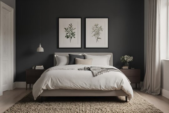 A cozy and elegantly decorated bedroom, with a primary focus on the front wall. 