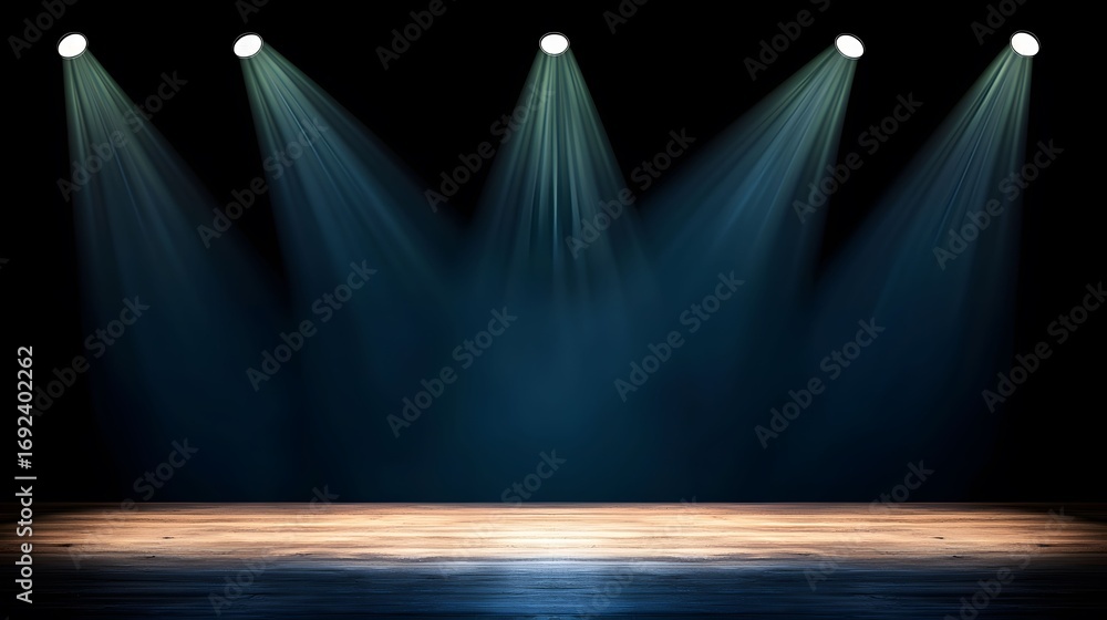 Poster the image shows a dark stage with a wooden floor lit by five spotlights shining down from above, cre