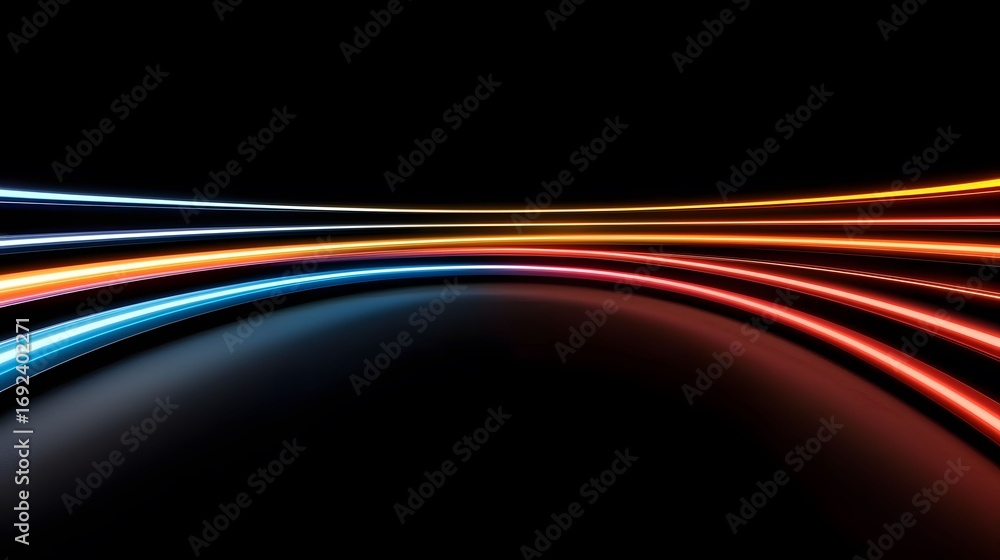 Poster the image showcases vibrant curved light trails of blue, orange, and red hues against a deep black b