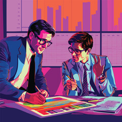 Two businessmen working together on charts in a colorful pop art style, representing teamwork, analytics, and creative strategy in business.