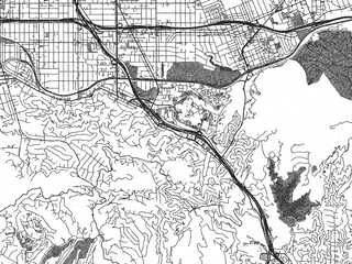 Fototapeta premium Stylized illustration of Universal City, California, showing its roads and neighborhoods in sketch-like black and white.