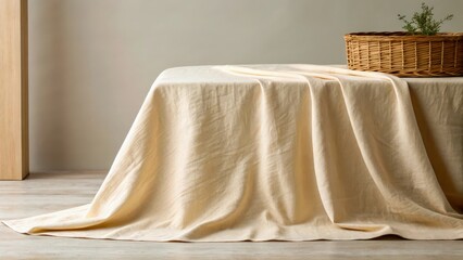A soft, cream-colored linen cloth drapes elegantly over a wooden table, complemented by a rustic woven basket resting nearby