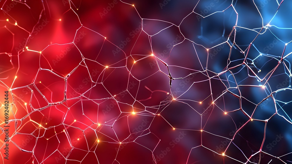 Poster the image shows a complex network of white lines forming irregular polygons against a blurred red an