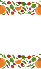 Seamless frame and border of simple flat vegetables. Colorful autumn harvest of pumpkin zucchini eggplant cucumber potato tomato cabbage corn carrot for healthy and vegetarian food design