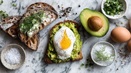 Avocado Toast with Poached Egg and Fresh Herbs on Marble Background.