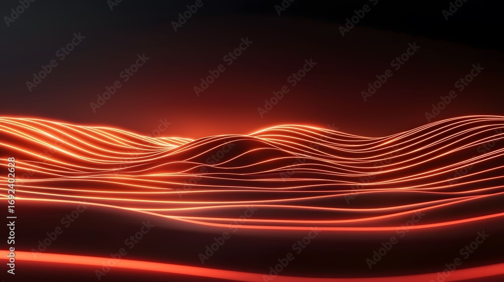 Poster the image shows a dark background with a series of undulating, parallel, glowing orange lines that r