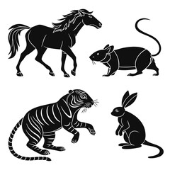 Collection of stylized black silhouette animals including a horse rat tiger and rabbit presented as a graphic design element on a white background