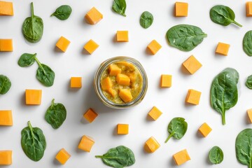 Baby food with squash and spinach flat lay.