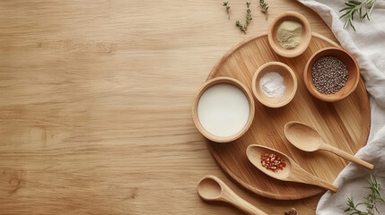 Overhead View of Wooden Bowls and Spoons with Spices and Cream on Wooden Board
