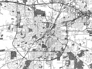 Illustrated city map of Waukesha, Wisconsin, in black and white, combining detailed grids with shaded textures.