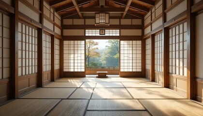 Serene japanese room with tatami mats and shoji screens overlooking a lush green landscape view