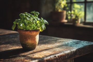 Basil plant in pot on rustic wooden table near window.
