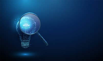Blue 3d light bulb under a magnifying glass. Idea analysis, innovation, creativity, problem-solving, insight, solution development concept.