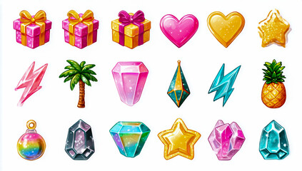 Obraz premium Collection of vibrant colorful and celebratory decorative elements including gifts hearts stars crystals and tropical fruit