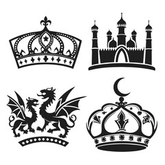 Collection of four black silhouette emblems featuring royal crowns a mosque or palace and two dragons perfect for heraldry and fantasy designs