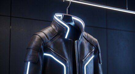 Futuristic Black Jacket with Neon Accents Hanging on Display.