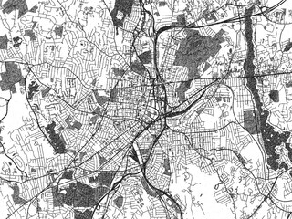 Naklejka premium Monochrome map illustration of Worcester, Massachusetts, with hand-drawn style textures highlighting its streets and rivers.