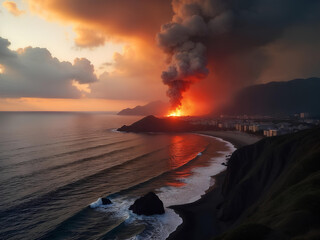 Volcanic eruption over coastal city at sunset
