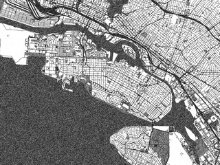 Black and white illustration map of Alameda, California, showing its detailed urban layout in a hand-drawn style.
