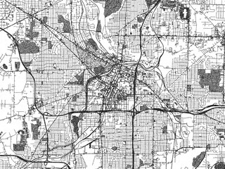 Naklejka premium Monochrome map illustration of Akron, Ohio, with hand-drawn style textures highlighting its streets and rivers.