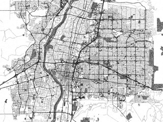 Naklejka premium Black and white map of Albuquerque New, Mexico, designed in a digital hand-drawn style, highlighting roads, parks, and rivers.