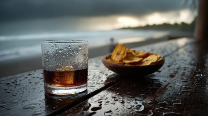 Beachside Relaxation - Whiskey and Chips on a Rainy Day.