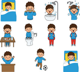 Child daily routine cartoon, morning to night activities, hygiene, study, play, sleep, healthy habits, educational sequence, lifestyle illustration