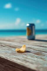 Beachside Still Life - Can, Seashell, and Ocean View.