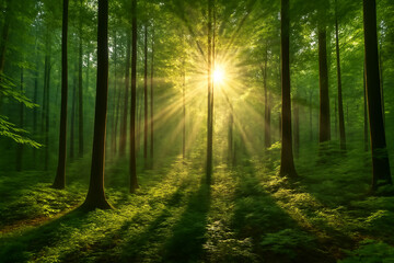 Sunlight Filtering Through Lush Green Forest With Tall Trees