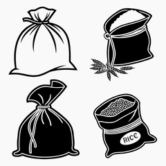 A collection of stylized black and white graphic icons representing bags of grain and rice suitable for food and agriculture themes