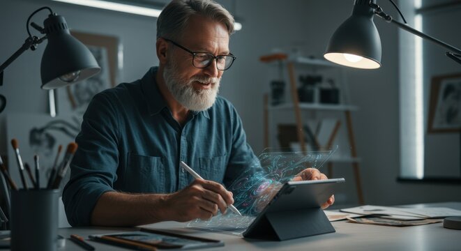 Mature man uses digital tablet for art creation in a studio setting