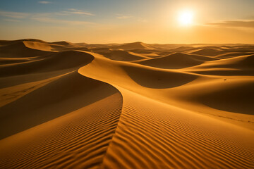 Golden Sand Dunes Illuminated by Desert Sunset Under a Clear Sky