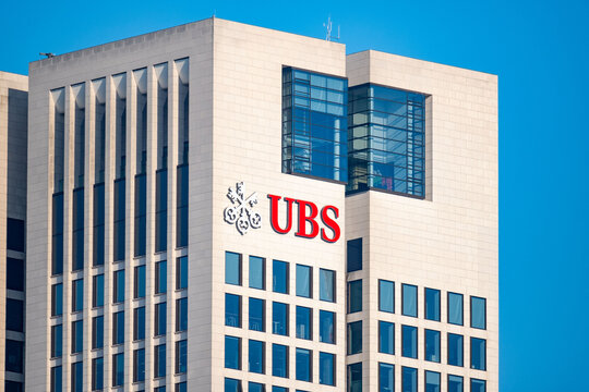 UBS bank office building, multinational banking, Swiss largest private investment bank, financial services company, glass facade, Germany professional services in Frankfurt - February 9, 2025