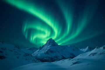Majestic Northern Lights Over Snow-Capped Mountain Peaks in a Winter Night Sky