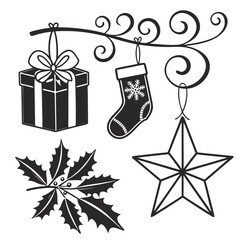A festive collection of christmas ornaments and decorations including a gift box stocking star and holly branch rendered in a simple black and white silhouette style