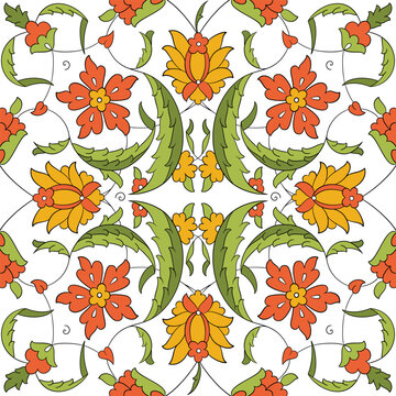 Traditional Turkish Iznik tile pattern with floral and geometric motifs, seamless ornamental background for interior, textile and ceramic design.