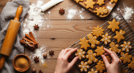 Hands Decorating Festive Gingerbread Cookies for Holiday Season