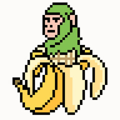Obraz premium Anomali Italian Brainrot. Pixel art monkey character in a green hood riding a banana. Vector Illustrations. EPS Editable