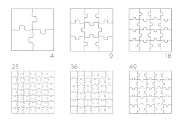 Square blank vector templates for jigsaw puzzles set with different number of pieces