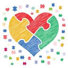 Hand drawn colored heart for world autism awareness day with puzzle pieces