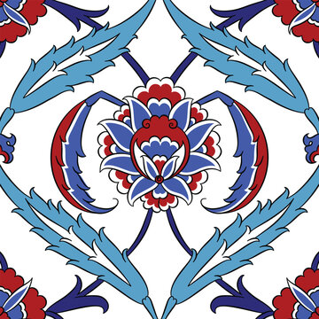 Traditional Turkish Iznik tile pattern with floral and geometric motifs, seamless ornamental background for interior, textile and ceramic design.