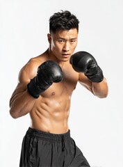 A handsome, muscular young boxer in a powerful portrait, training with his gloves