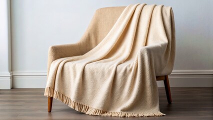 A soft beige blanket is casually draped over a mid-century modern chair, enhancing the cozy ambiance of the bright living room. The warm tones create an inviting atmosphere