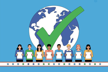 Illustrated group of people holding blank signs in front of a globe with a large green checkmark