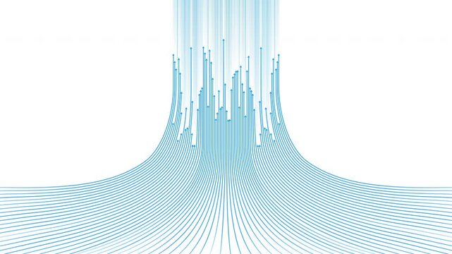 Abstract blue data flow lines animation rising upward on a white background, symbolizing big data, AI, digital streams, growth, innovation, and futuristic technology. Loop video includes luma matte.