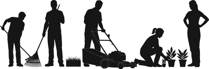 Silhouette of Garden Workers Raking, Mowing Lawn, Planting Flowers, and Using Tools for Outdoor Yard Landscaping and Garden Maintenance Work